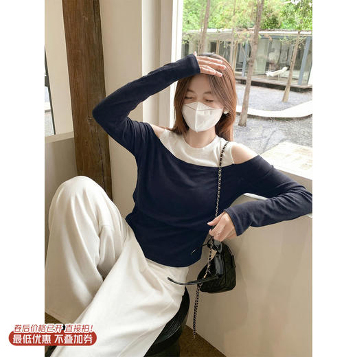 <曾小咸推荐>3.10现货秒杀 ！微信超特价！韩系假两件露肩长袖t 日常169.99 立减100 秒杀69.99！！ 商品图0
