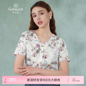 乔万尼真丝短袖上衣女设计感衬衫时尚气质v领印花桑蚕丝衬衣夏ES2C135