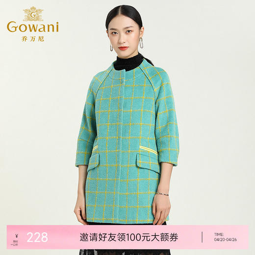 乔万尼冬季格纹九分袖羊毛大衣中长款拼接毛呢外套E154A276 商品图0