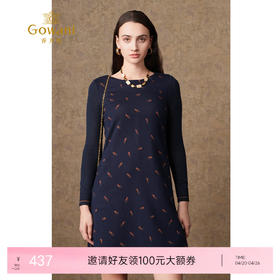 乔万尼秋冬新款蓝色趣味印花宽松圆领舒适针织弹力休闲连衣裙ES4E301