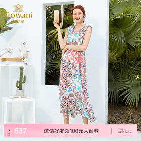 乔万尼夏桑蚕丝连衣裙修身高腰沙滩度假无袖印花真丝长裙EN2E589