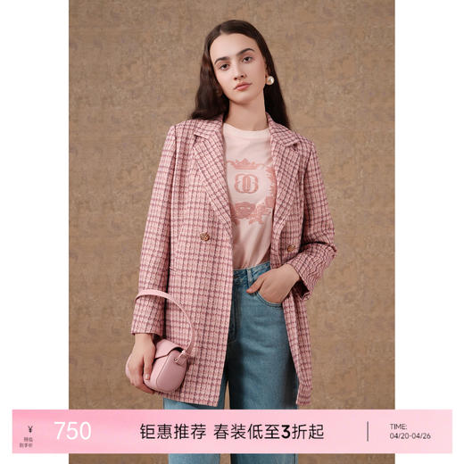 乔万尼秋新品中长款条纹格小香风西装外套ET3B610 商品图0