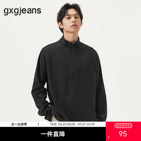 gxg.jeans男装 黑色胸前绣花简约立领半开襟长袖T恤男 25年春热卖