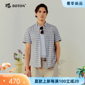 波顿男士夏季翻领格子衬衫亲肤透气通勤出街不闷热MS166226