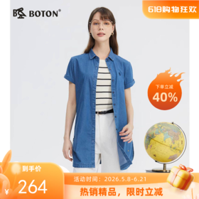 波顿女士春秋季经典水洗中长款牛仔短袖衬衫翻领可单穿叠穿衬衣LS783220