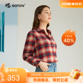 波顿女士三季翻领磨毛格子全棉衬衫长袖修身通勤休闲衬衣百搭舒适LS118325D