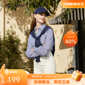 【高支长绒棉】波顿女士春秋宽松蓝白条纹长袖衬衫LS972123