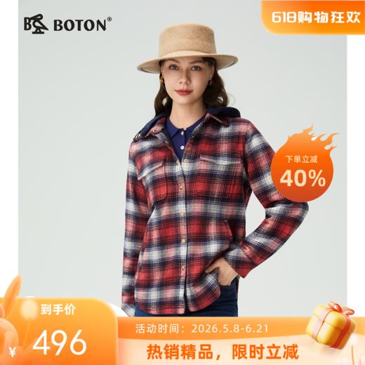 波顿女士秋冬季宽松可拆帽格子衬衫型外套百搭长袖磨毛外套LSJ090325 商品图0