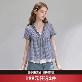 西遇格纹木耳边V领短袖衬衫女2026夏季新款假两件拼接泡泡袖上衣11160156