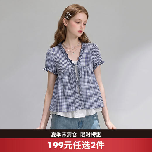 西遇格纹木耳边V领短袖衬衫女2026夏季新款假两件拼接泡泡袖上衣11160156 商品图0