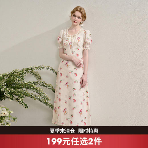 西遇法式泡泡袖连衣裙女夏季新款蕾丝花边修身收腰网纱长裙SS050571 商品图0