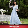 西遇V领泡泡袖茶歇连衣裙女新款褶皱高腰显瘦A摆裙子D0640507 商品缩略图0