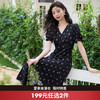 轻熟风蕾丝木耳边泡泡袖连衣裙女V领收腰A摆碎花裙V1241052 商品缩略图0