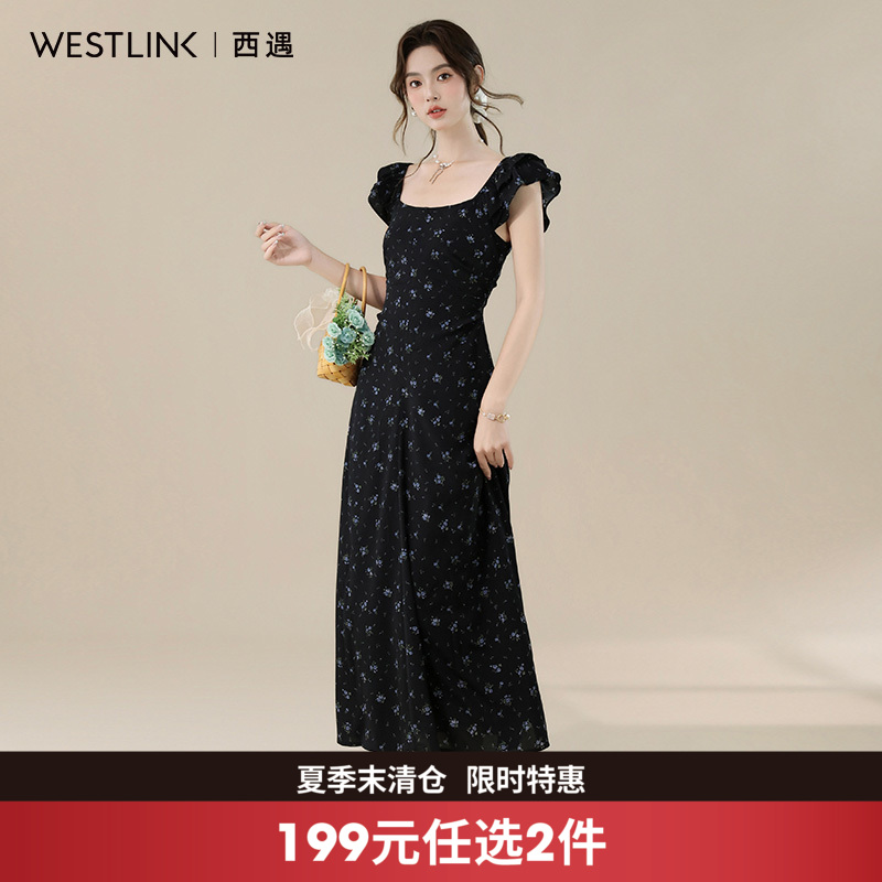 西遇法式甜美碎花连衣裙女2026年夏季新款方领收腰显瘦气质中长裙SS060338
