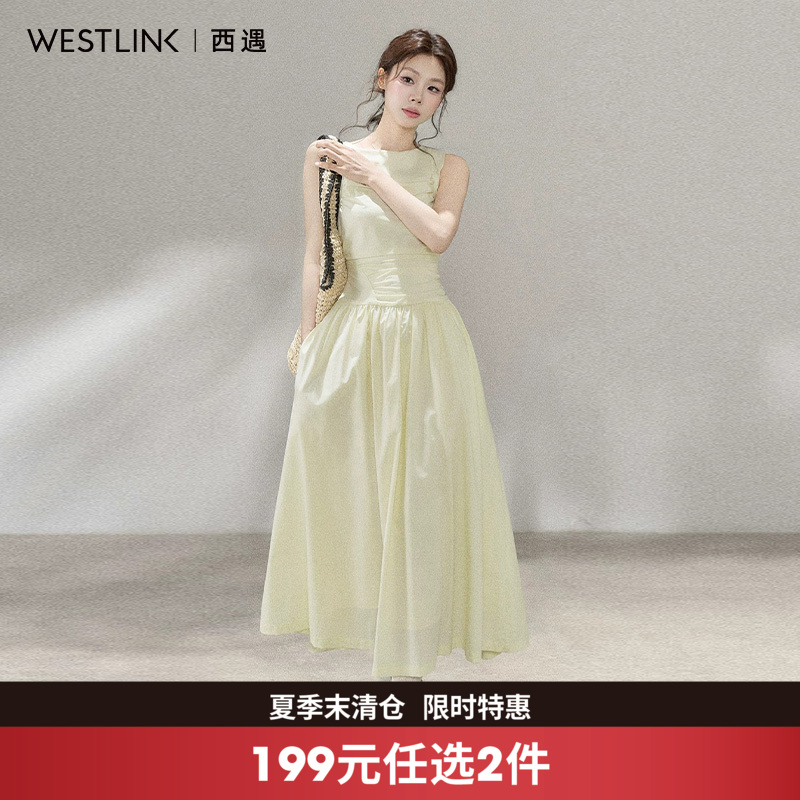西遇韩系船领无袖连衣裙女2026年夏季新款收腰捏褶大摆A字长裙SS060647