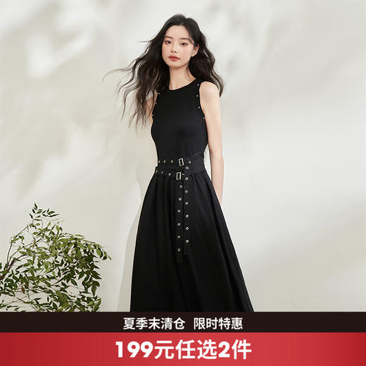 西遇黑色小众设计酷飒风连衣裙女新款铆钉收腰显瘦裙子V0050543 商品图0