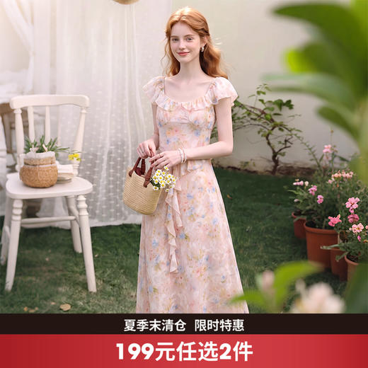 西遇法式粉色印花连衣裙女2026夏季新款荷叶边飞飞袖收腰雪纺长裙SS060511 商品图0