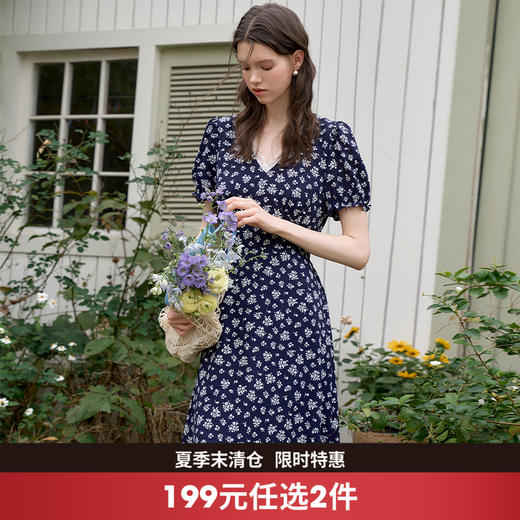 法式浪漫文艺风泡泡袖连碎花裙女蕾丝花边V领连衣裙V0650254/V0051043 商品图0