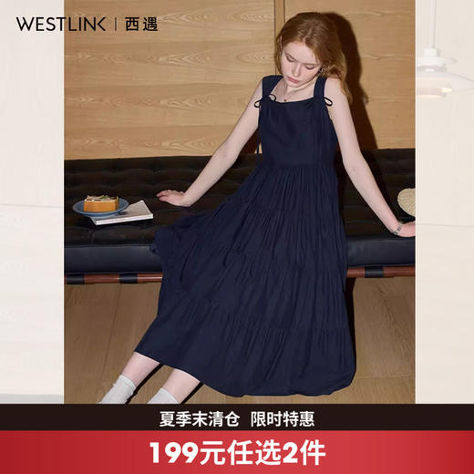 西遇藏青色学院风背带连衣裙女2026年夏季新款方领蝴蝶结蛋糕长裙SS060404 商品图0