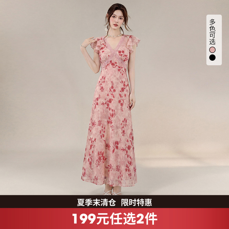 西遇法式温柔风碎花裙女2026年夏季新款V领显瘦收腰长款连衣裙SS060472