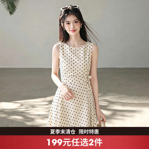西遇波点无袖连衣裙女2026年夏季新款圆领侧边绑带收腰a字背心裙SS060523 商品图0