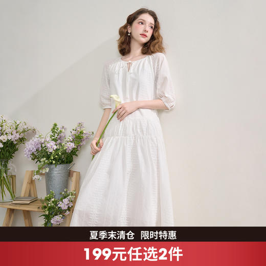 西遇重工立体刺绣连衣裙女2025秋季灯笼袖海边度假长裙小白裙 商品图0