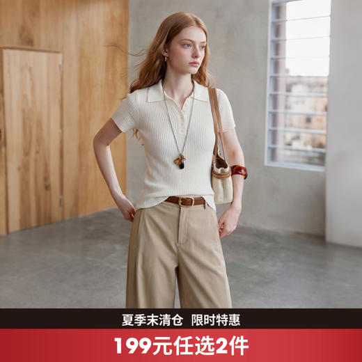 西遇温柔风polo领2026夏短袖半开扣针织衫女修身显瘦简约T恤上衣H0060338 商品图0