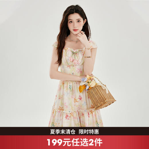 西遇法式方领吊带连衣裙女2026夏季新款小飞袖收腰显瘦碎花中长裙SS060234 商品图0