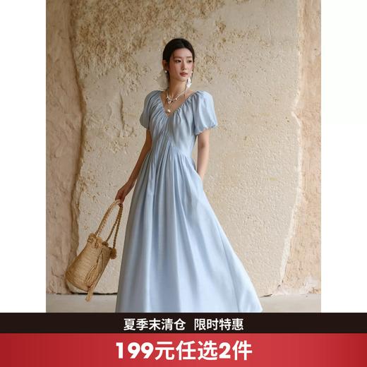 西遇v领泡泡袖连衣裙女2026年夏季新款捏褶简约纯色通勤A字长裙SS060634 商品图0