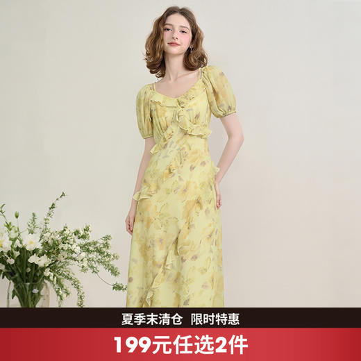 法式浪漫复古荷叶边泡泡袖碎花裙夏季桃心领收腰连衣裙V1350844 商品图0