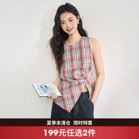 【复古多巴胺】不规则设计感彩色格子衬衣女夏季背心上衣V1050592