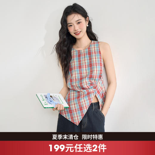 【复古多巴胺】不规则设计感彩色格子衬衣女夏季背心上衣V1050592 商品图0