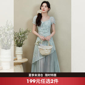西遇重工绣花短袖方领连衣裙女2026年夏季新款碎花收腰拼接网纱裙SS060232