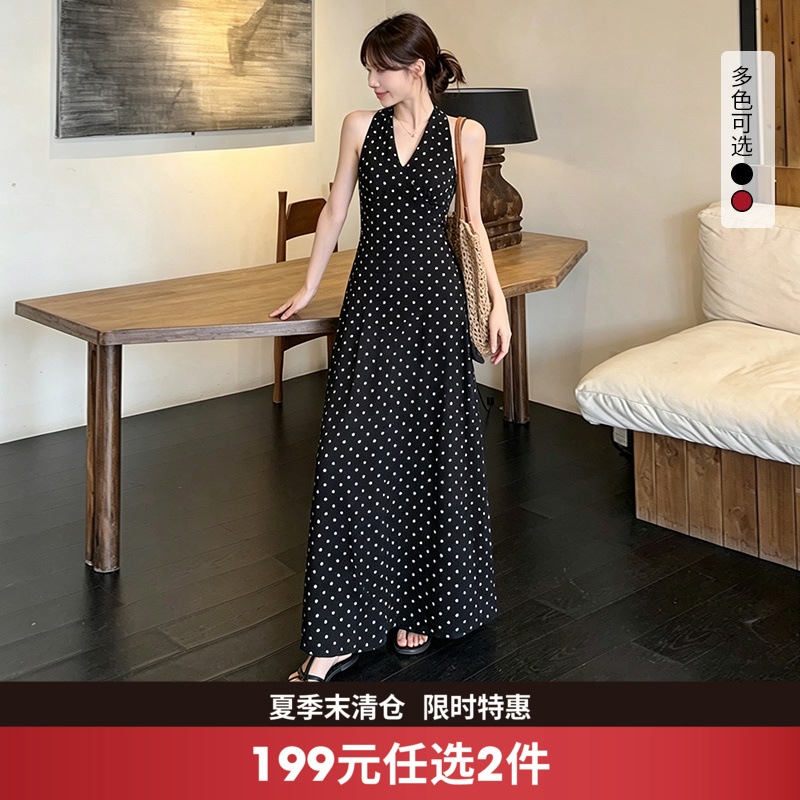 西遇法式赫本风波点连衣裙女2026年夏季新款深V挂脖无袖A字长裙SS060569