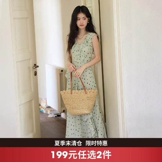 西遇复古浅绿色波点连衣裙女2026年夏季新款荷叶边v领无袖长裙SS060538 商品图0