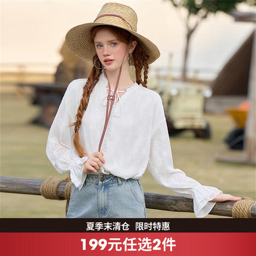 复古文艺风重工提花肌理感衬衫女拼接荷叶边V领衬衣V0350075 商品图0