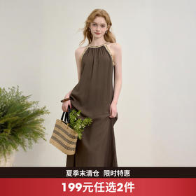 复古织带露肩挂脖连衣裙女夏季度假风宽松显瘦遮肉长裙V1350850