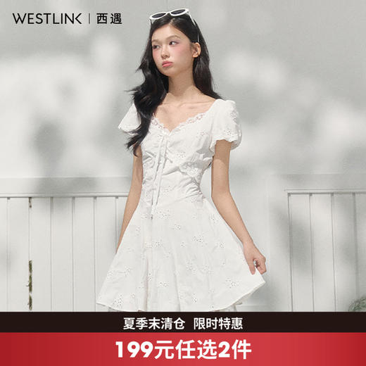西遇白色蕾丝泡泡袖连衣裙女2026夏季新款蝴蝶结镂空刺绣A字短裙SS060613 商品图0