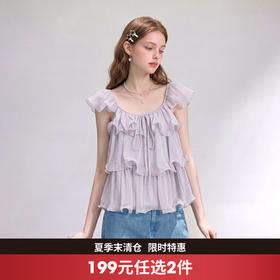 西遇韩版甜美减龄荷叶边小飞袖系带衬衫女2026夏褶皱宽松裙摆上衣H0060361