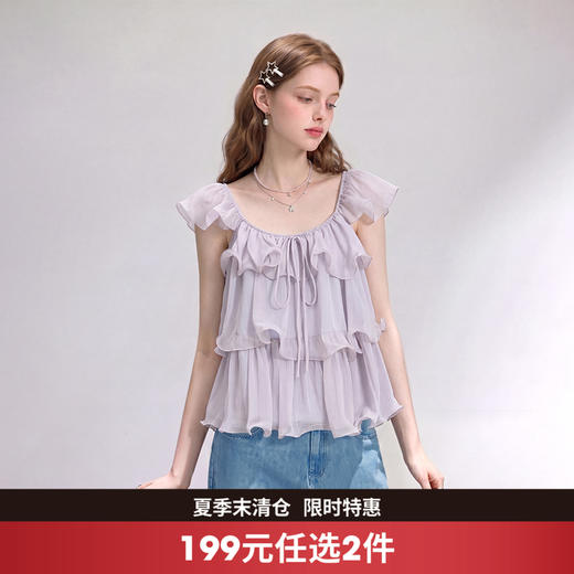 西遇韩版甜美减龄荷叶边小飞袖系带衬衫女2026夏褶皱宽松裙摆上衣H0060361 商品图0