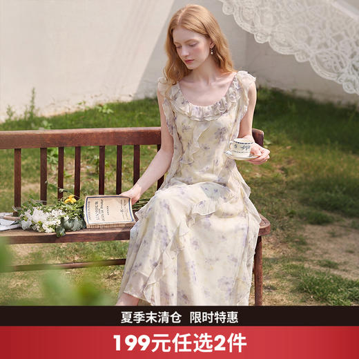 西遇法式优雅绝美2026夏季气质显瘦无袖修身碎花拼接蕾丝连衣裙H0060261 商品图0