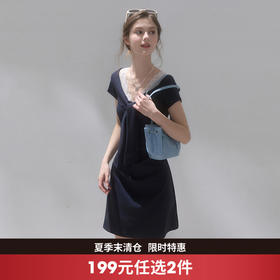 西遇藏青色假两件蕾丝V领连衣裙女2026夏季新款收腰修身短款A字裙SS060521