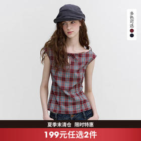 西遇复古格纹一字肩无袖衬衫女2026夏季新款镂空船领收腰显瘦上衣SS060673