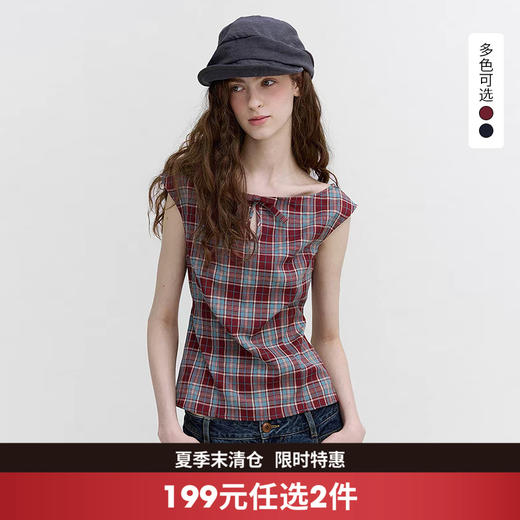 西遇复古格纹一字肩无袖衬衫女2026夏季新款镂空船领收腰显瘦上衣SS060673 商品图0