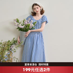 【浅蓝格调】肌理感泡泡袖连衣裙女夏季两穿收腰A字裙V1150747