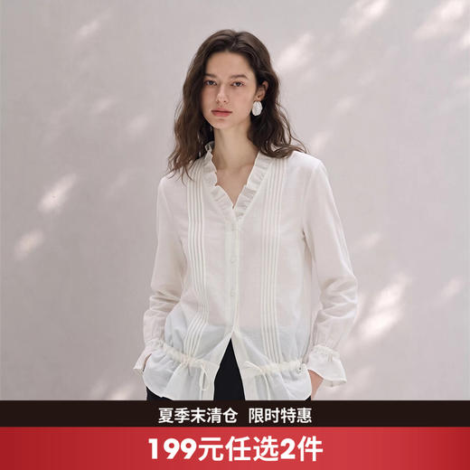 西遇白色木耳边V领泡泡袖衬衫女2026夏季新微透抽绳收腰通勤衬衣SS060709 商品图0