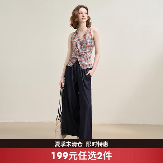 西遇垂感阔腿裤套装女夏季新款格子无袖挂脖短款上衣两件套H0051029 商品图0