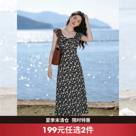 西遇黑色碎花连衣裙女2026年春夏新款v领荷叶边无袖设计感长裙E0060176