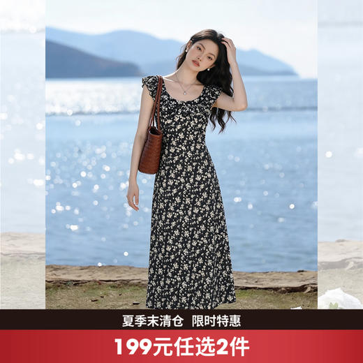 西遇黑色碎花连衣裙女2026年春夏新款v领荷叶边无袖设计感长裙E0060176 商品图0