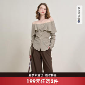 西遇格纹荷叶边一字肩长袖衬衫女秋季抽褶收腰显瘦上衣V2551139